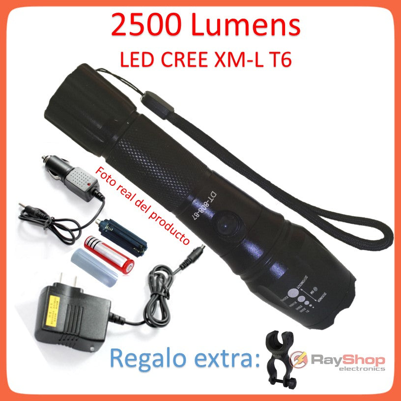 Linterna táctica de 2500 lúmenes con LED CREE T6 y zoom