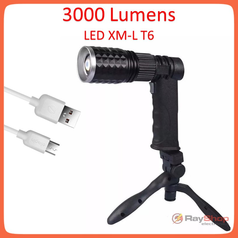 Lámpara táctica LED T6 con empuñadura, zoom, mini tripié y salida USB (DT205)