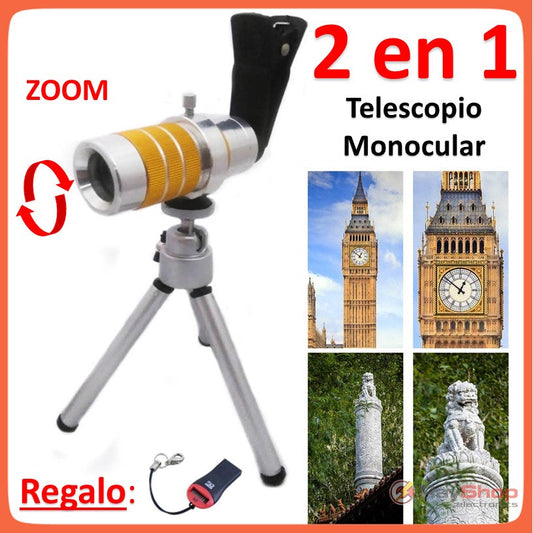 Telescopio 10x para celular con clip y monocular 10x18