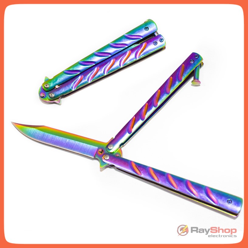 Navaja mariposa balisong tornasol de acero inoxidable con clip