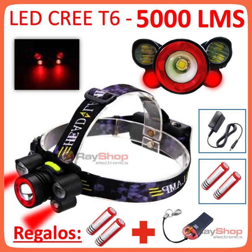 Linterna de cabeza con 5 LED, luz blanca y roja, 5000 lúmenes (DT215)