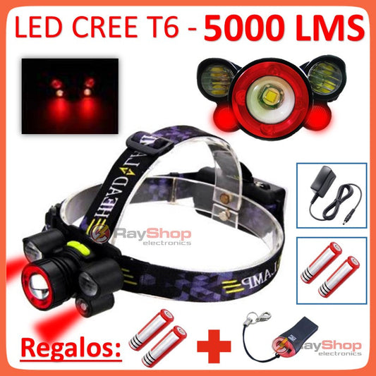 Linterna de cabeza con 5 LED, luz blanca y roja, 5000 lúmenes (DT215)