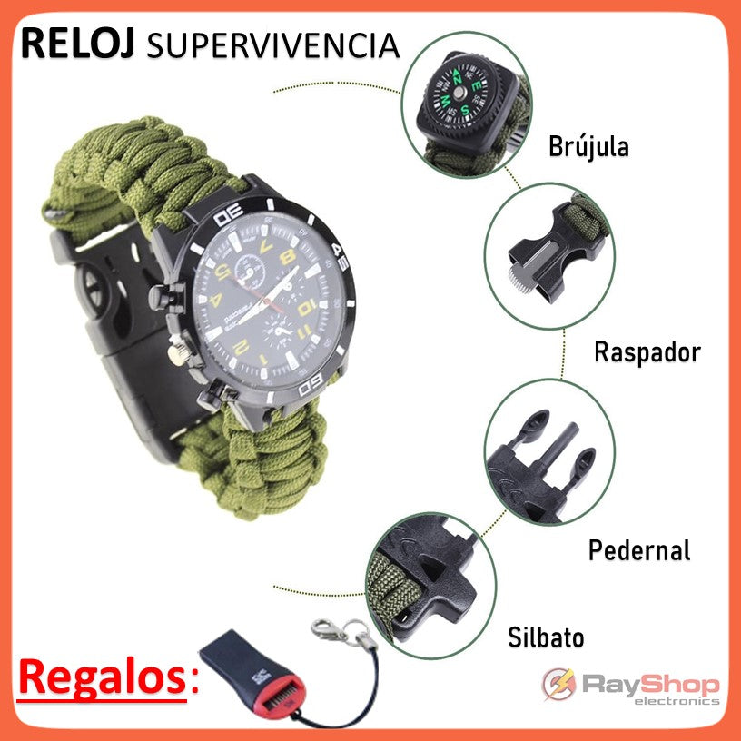 Reloj de supervivencia con pulsera paracord, brújula y silbato