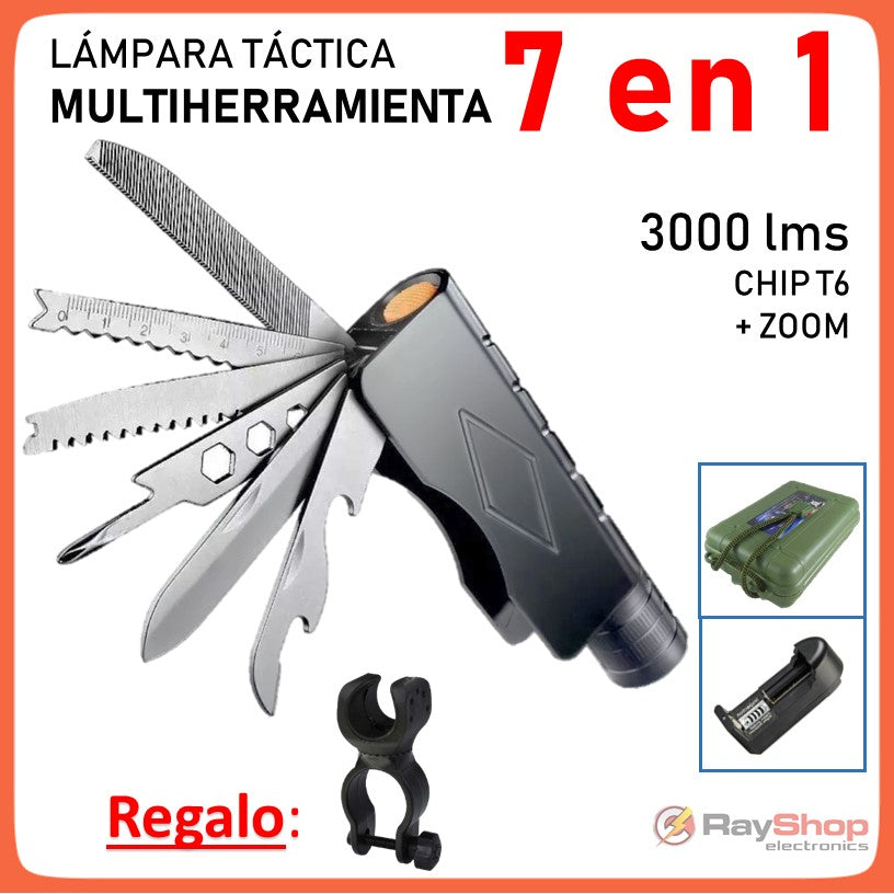 Linterna táctica multiherramienta 7 en 1 con LED T6 y clip (DT291)
