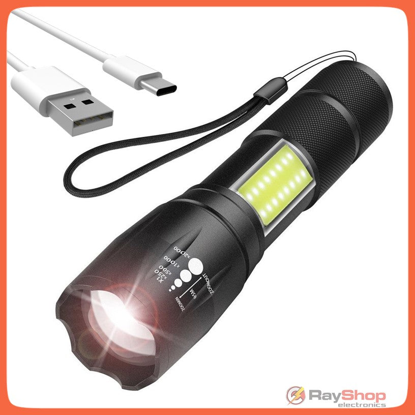 Mini linterna táctica recargable con zoom y luz lateral COB