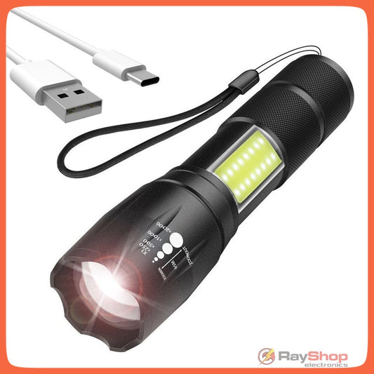 Mini linterna táctica recargable con zoom y luz lateral COB