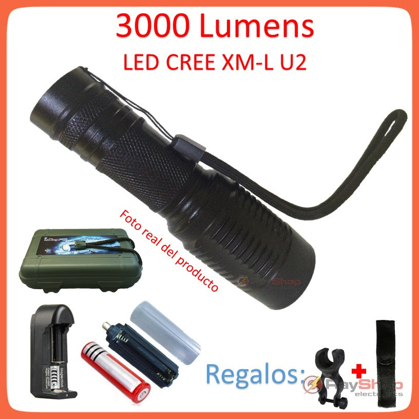 Mini linterna táctica de 2800 lúmenes con LED CREE U2 y zoom