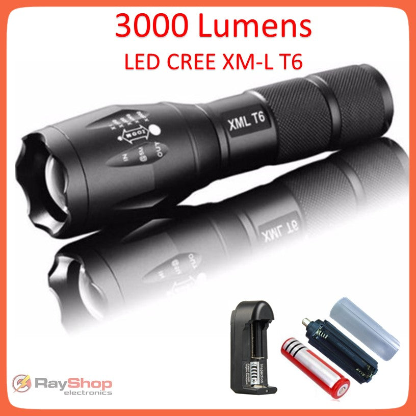 Linterna táctica de 3000 lúmenes con zoom, LED T6 y batería 18650