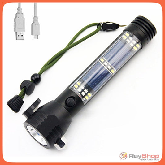 Linterna táctica solar con sirena de 120 dB, rompe vidrios y corta soga (DT342)