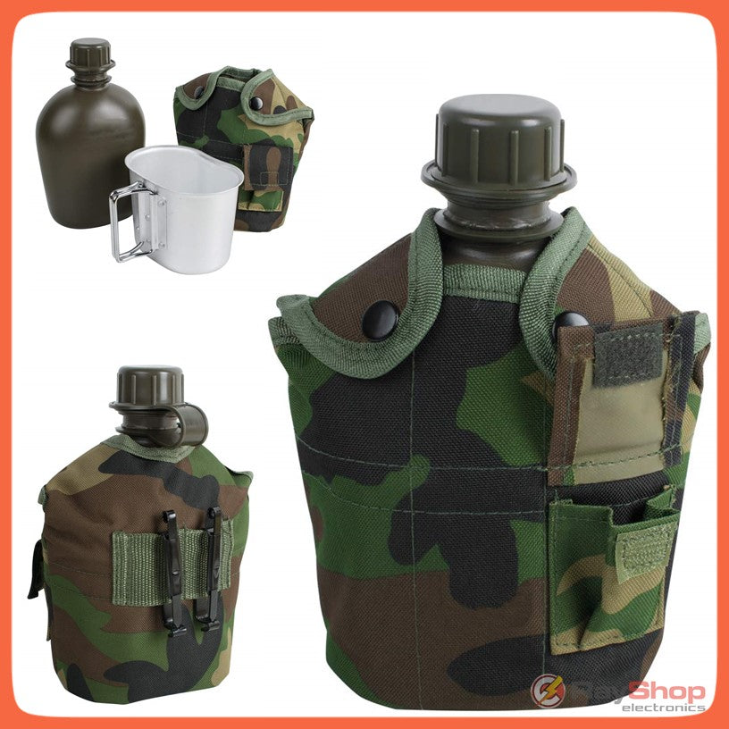 Cantimplora de 1 litro con funda, cazo de acero y ganchos para cinturón (SH005)