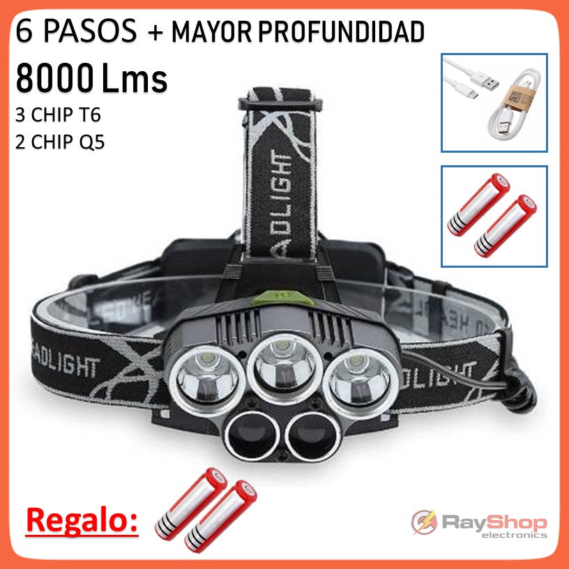 Linterna de cabeza de 5 LED y 8000 lúmenes con 6 modos (DT220)