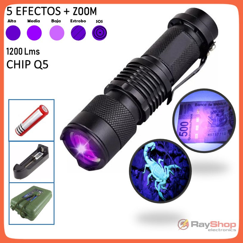 Mini lámpara táctica 1200 lúmenes con luz UV y zoom