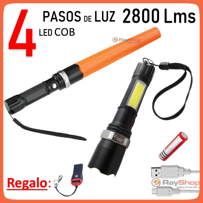 Lámpara táctica de 2800 lúmenes con COB lateral, zoom y cono señalizador (DT353)