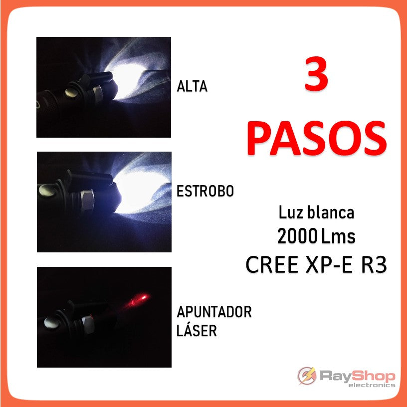 Lámpara táctica de 2000 lúmenes con zoom y apuntador láser, LED CREE R3 (CD119) - foto 2