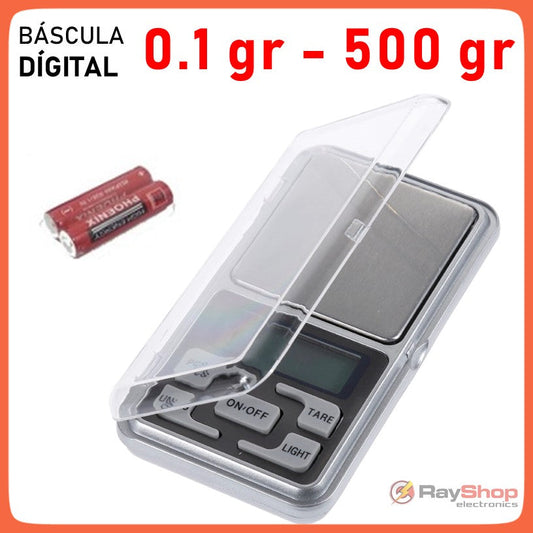 Báscula digital de bolsillo de 0.1 g a 500 g con tara y pantalla LCD