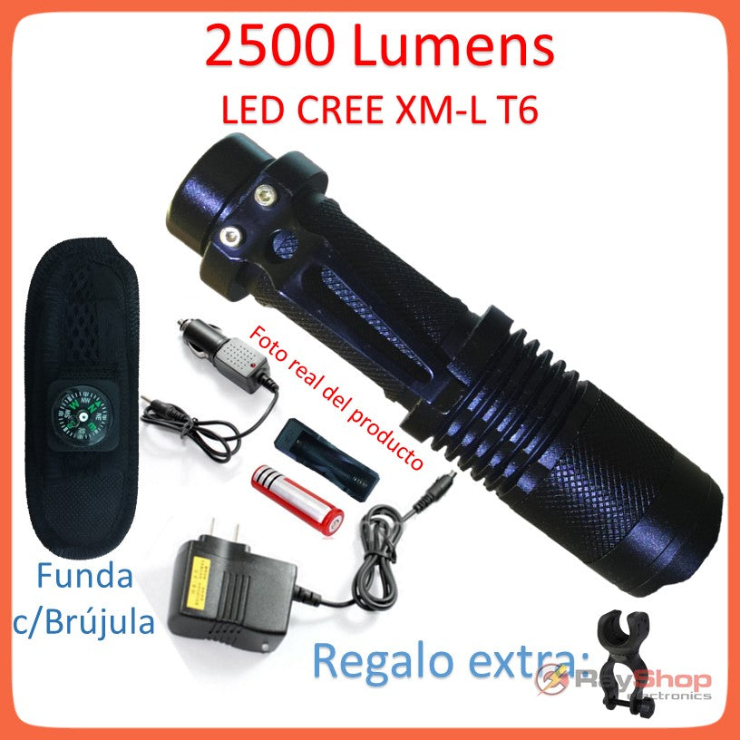 Mini linterna táctica de 2500 lúmenes con funda con brújula y soporte para bici