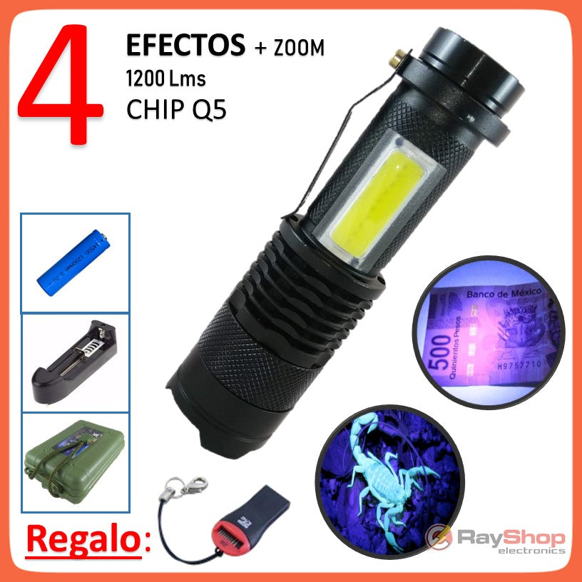 Mini linterna táctica con luz UV frontal y luz lateral COB blanca