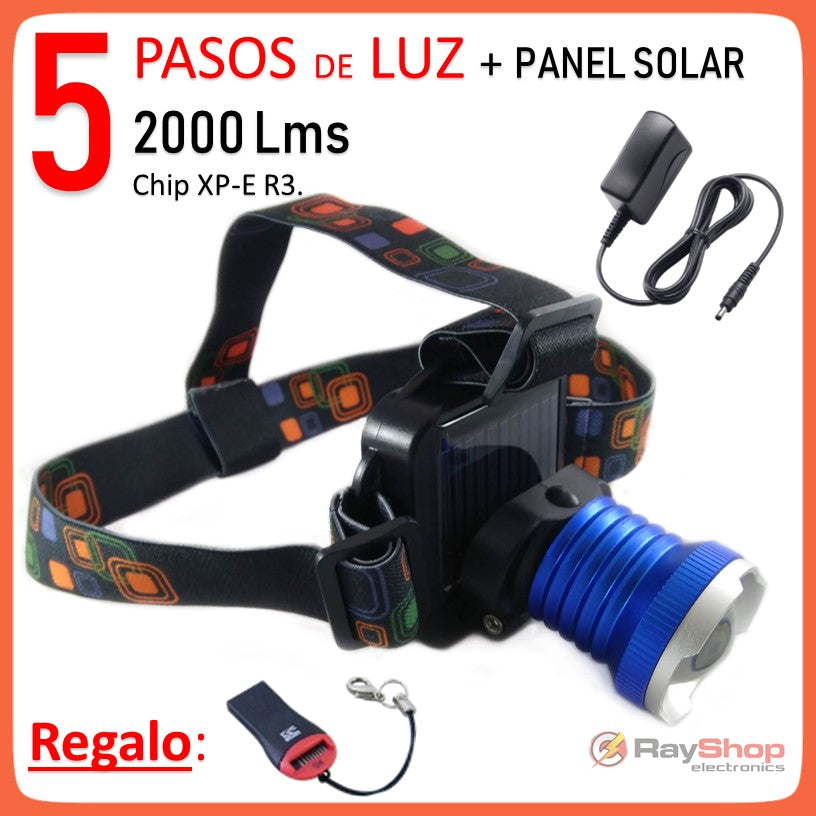 Lámpara de cabeza con panel solar, 2000 lúmenes y 5 modos de luz (DT72) - foto 2