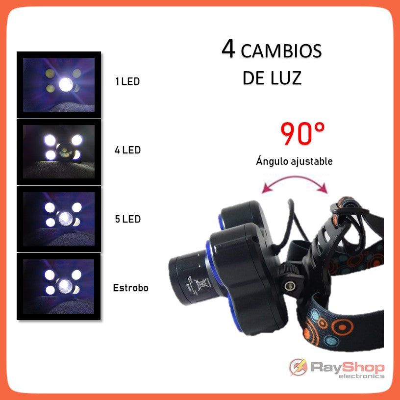 Linterna de cabeza de 5 LED y 9000 lúmenes con luz roja trasera (DT274) - foto 2