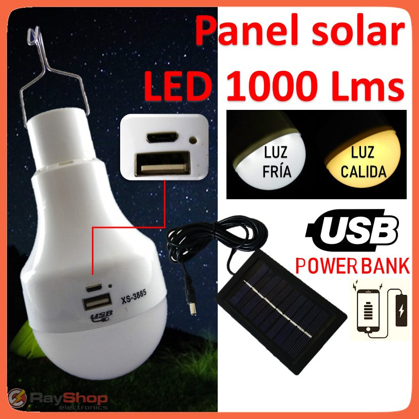 Foco LED recargable con panel solar, luz fría y cálida, con salida USB