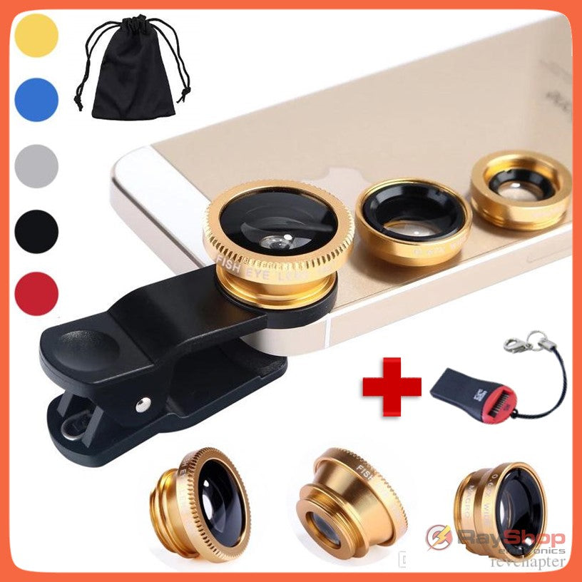Kit de 3 lentes para celular: ojo de pez, macro y gran angular