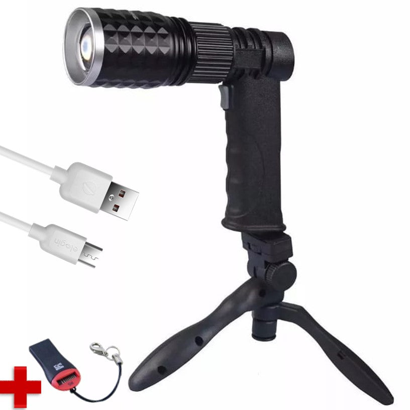 Lámpara táctica LED T6 con empuñadura, zoom, mini tripié y salida USB (DT205) - foto 2