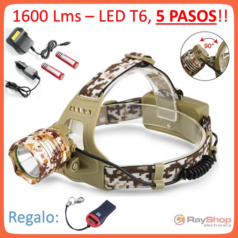 Lámpara frontal táctica camuflada con LED T6, 5 modos y 2 pilas 18650 (DT45) - foto 2