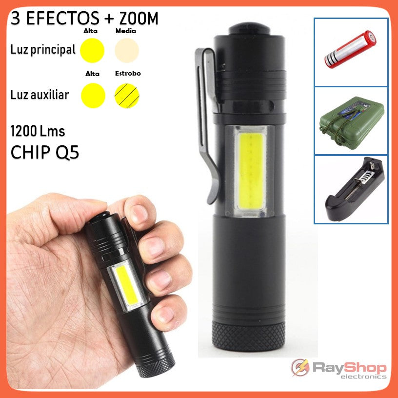 Mini lámpara táctica 2 en 1 con zoom, clip y barra COB, 1200 lúmenes