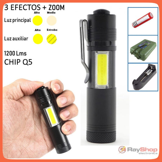 Mini lámpara táctica 2 en 1 con zoom, clip y barra COB, 1200 lúmenes