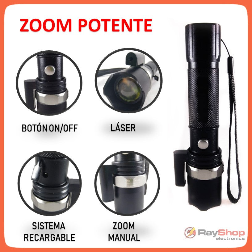 Lámpara táctica de 2000 lúmenes con zoom y apuntador láser, LED CREE R3 (CD119) - foto 3