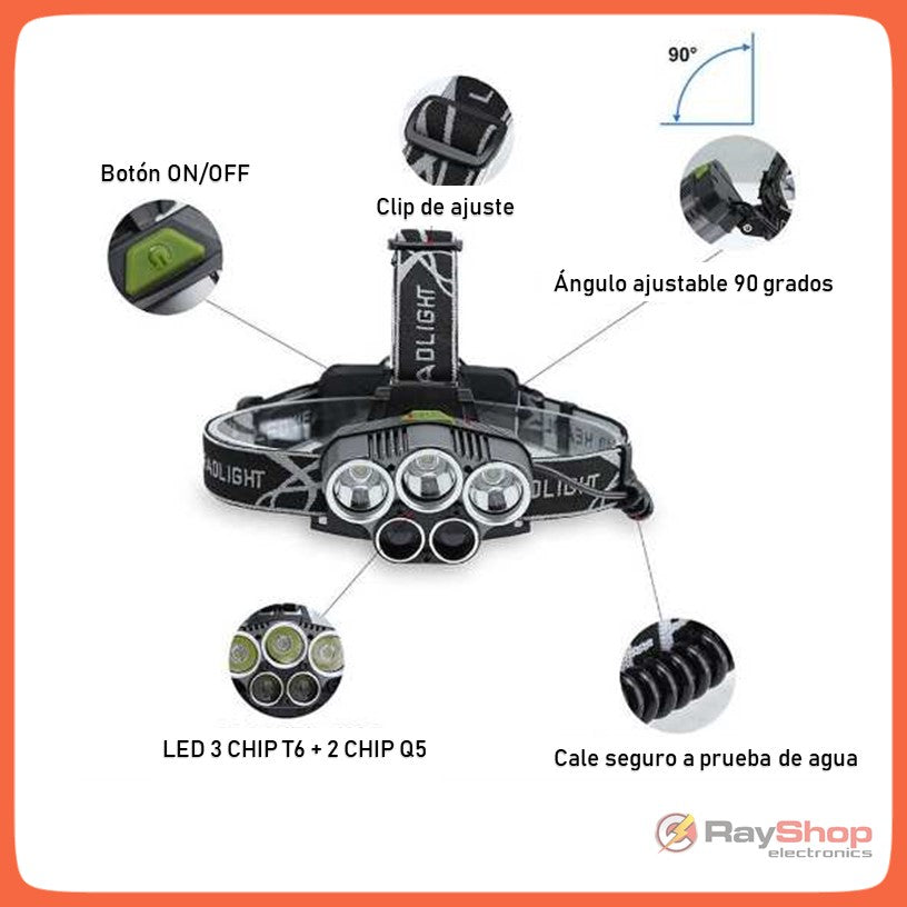 Linterna de cabeza de 5 LED y 8000 lúmenes con 6 modos (DT220) - foto 3