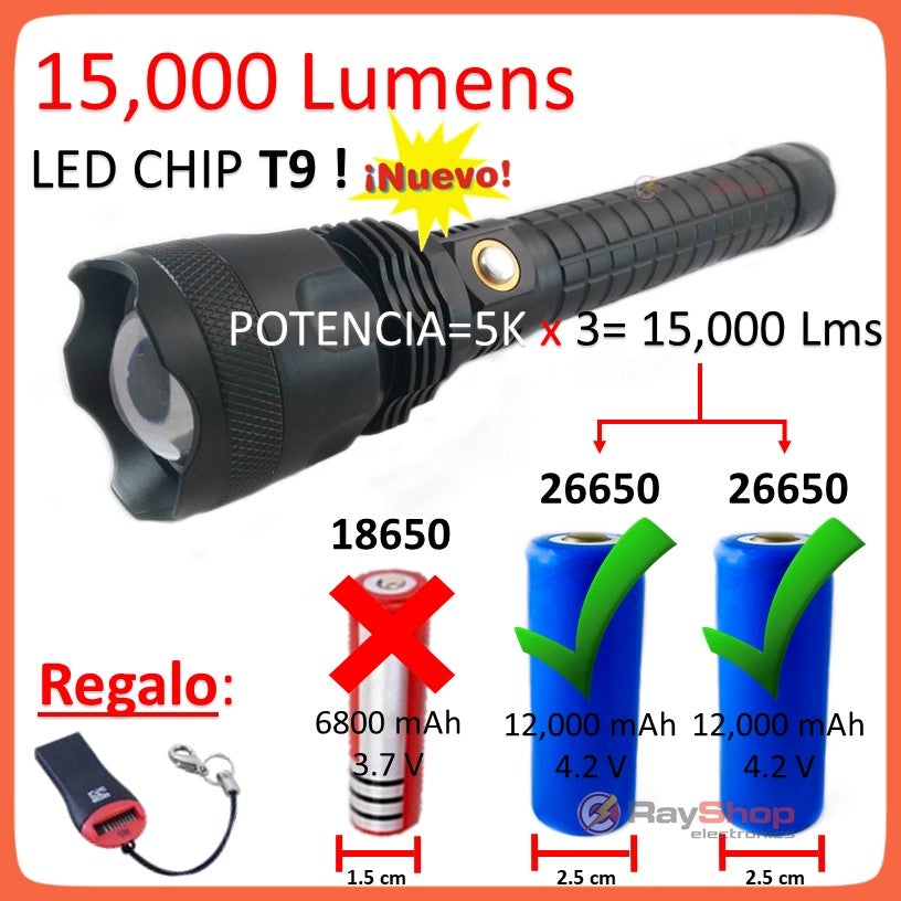 Lámpara táctica T9 de 15,000 lúmenes con zoom y largo alcance, DT287