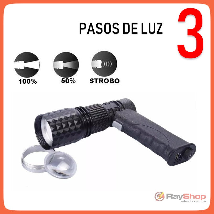Lámpara táctica LED T6 con empuñadura, zoom, mini tripié y salida USB (DT205) - foto 3