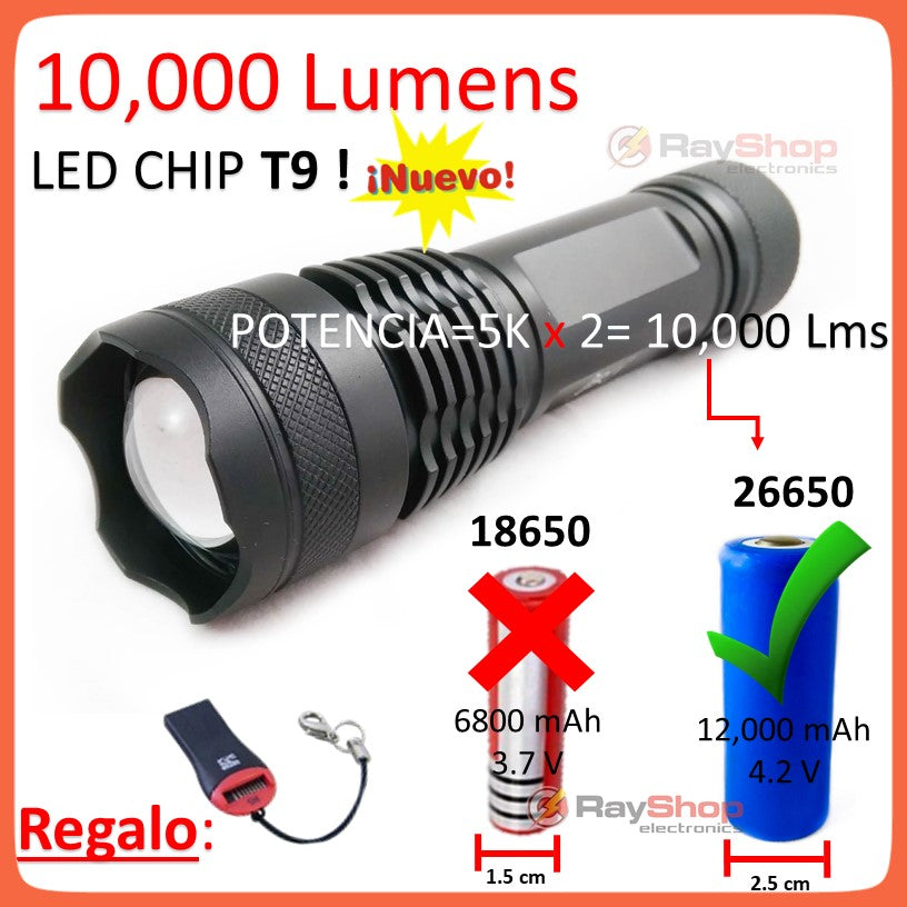 Linterna táctica LED T9 de largo alcance con batería 26650 y zoom (DT12)