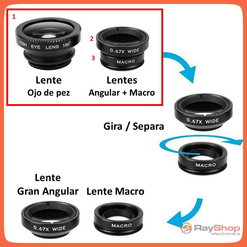 Kit de 3 lentes para celular: ojo de pez, macro y gran angular - foto 2
