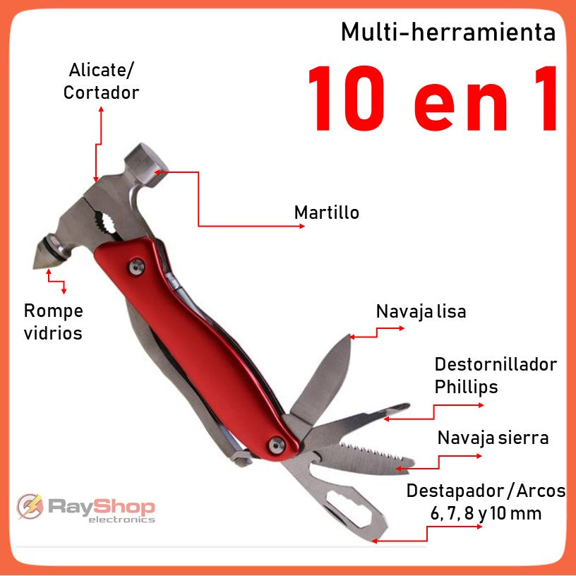 Multiherramienta martillo 10 en 1 con rompe vidrios, linterna y funda - foto 3