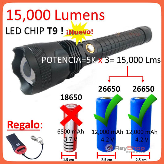 Linterna táctica de 15,000 lúmenes con LED T9, zoom y dos baterías 26650