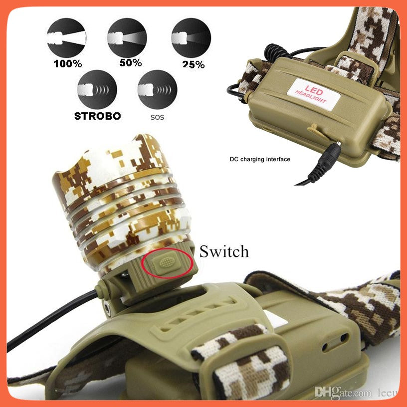 Lámpara frontal táctica camuflada con LED T6, 5 modos y 2 pilas 18650 (DT45) - foto 3
