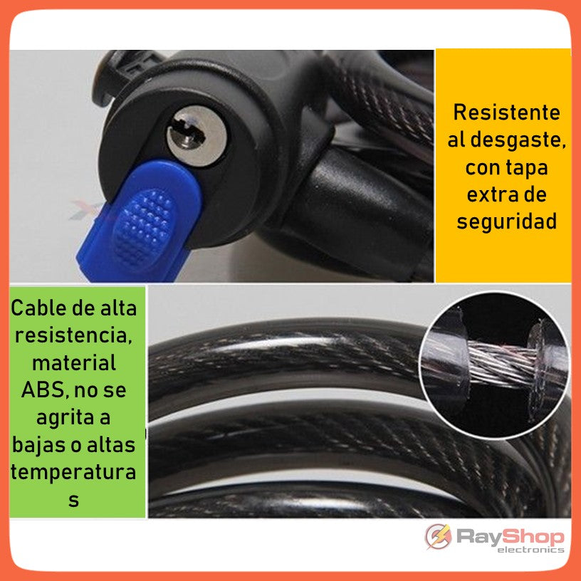 Candado de cable de 1.2 m para bici y moto, con soporte y llaves - foto 6