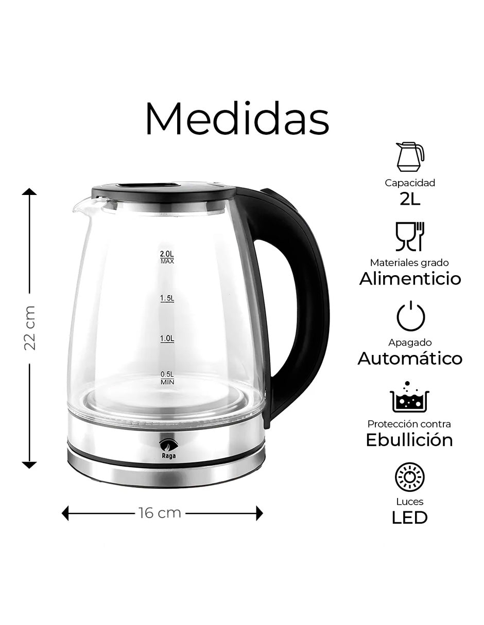 Tetera Eléctrica tipo Jarra De Vidrio Hervidor 2 Lt Acero Inoxidable
