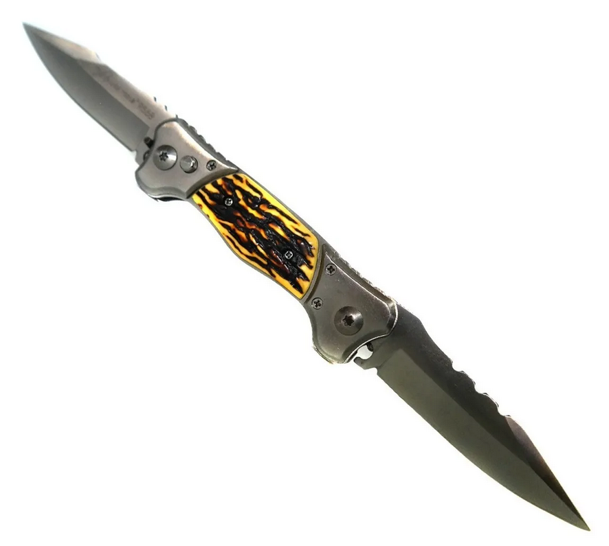 Navaja de doble hoja con mango tipo hueso y funda de nailon F103