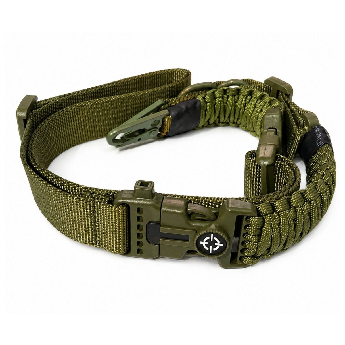 Correa portafusil de un punto con paracord, pedernal, mosquetón y corta soga