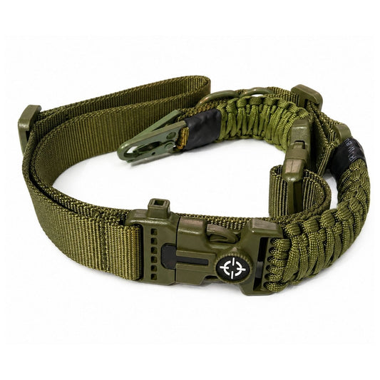 Correa portafusil de un punto con paracord, pedernal, mosquetón y corta soga