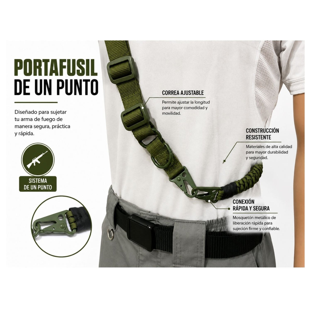 Correa portafusil de un punto con paracord, pedernal, mosquetón y corta soga - foto 4