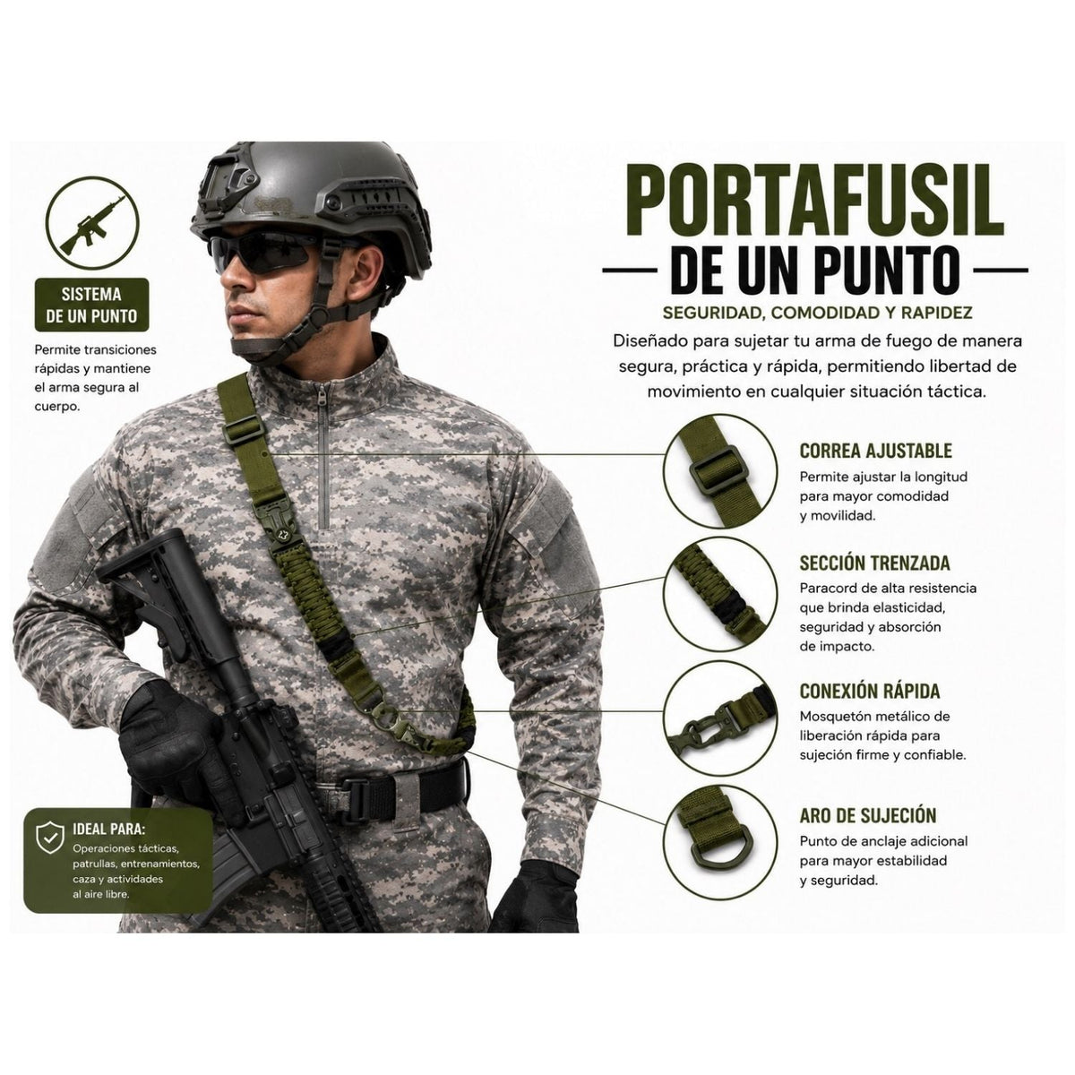 Correa portafusil de un punto con paracord, pedernal, mosquetón y corta soga - foto 5
