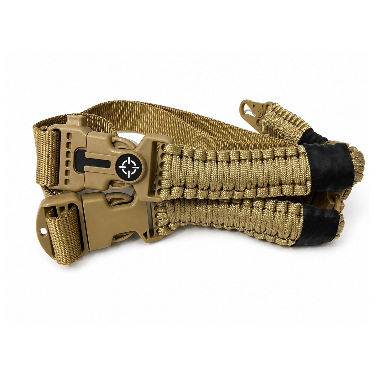 Correa portafusil de 2 puntos con paracord 550, brújula, pedernal y corta soga
