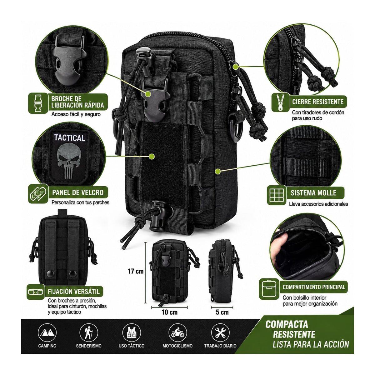 Bolsa táctica de hombro con sistema MOLLE, velcro y correa desmontable - foto 4