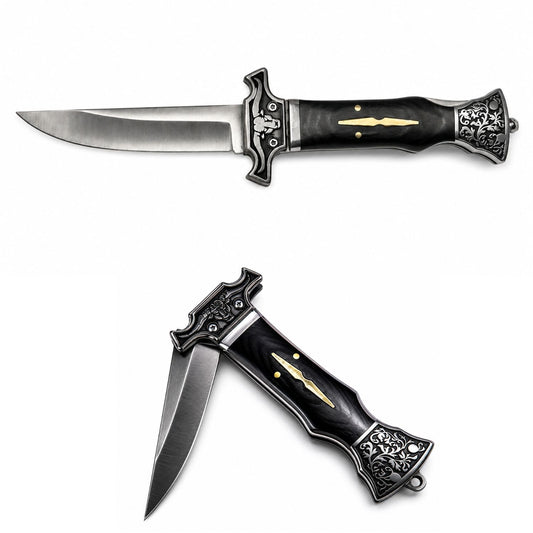 Navaja plegable elegante con cabeza de toro y acabado vintage