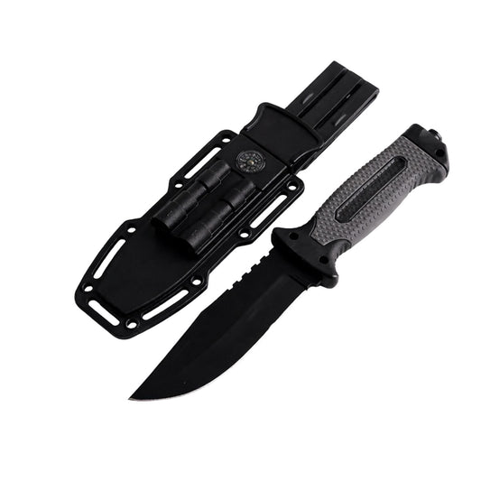 Cuchillo de camping con funda táctica, brújula, pedernal y sierra en el lomo