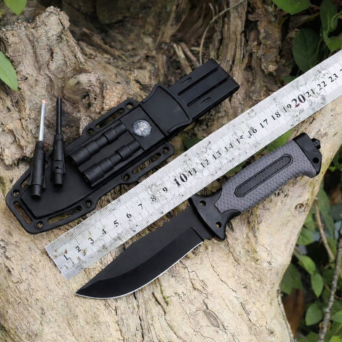 Cuchillo de camping con funda táctica, brújula, pedernal y sierra en el lomo - foto 2